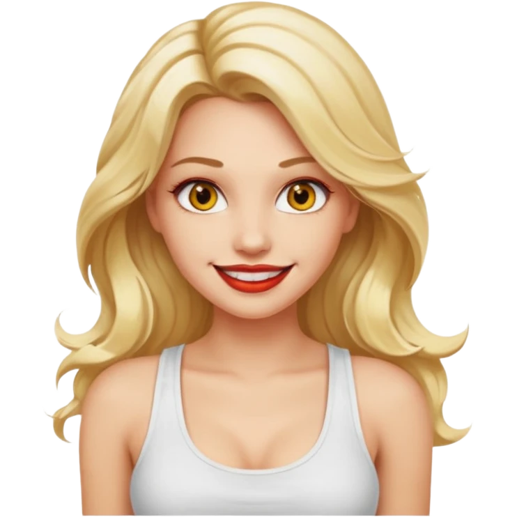 a woman with white tank top and smile, her hair is long wavy blonde hair, her face is baddie girl style, her eyes color are yellow and the color of her lip is soft red emoji