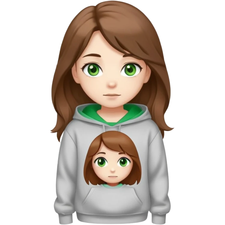 Chibi girl with green eyes, long brown unruly hair, S-With shaped eyebrows. Dressed in a sweatshirt. Says hello.  emoji