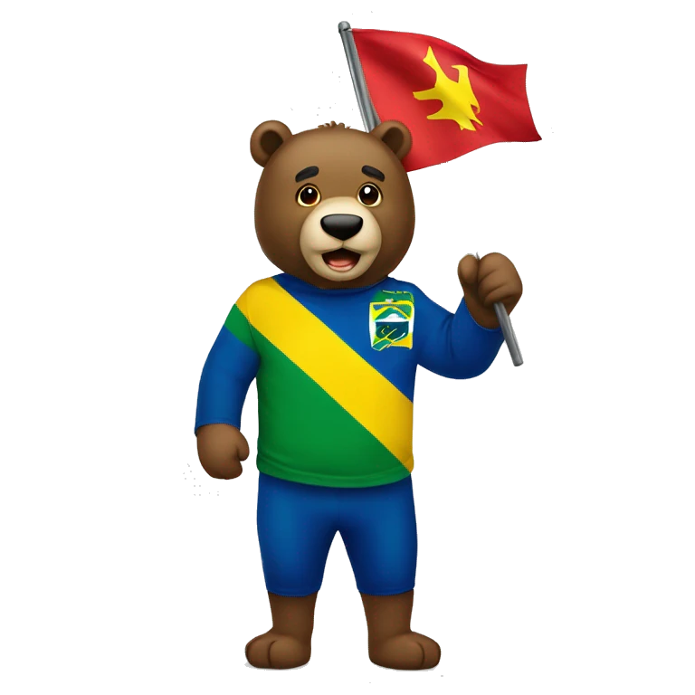 urso bravo segurando uma  bandeira vermelha e com uma bandeira do brasil emoji