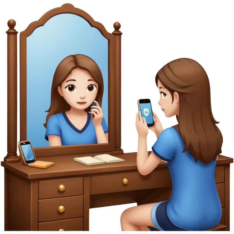 Girl sitting at vanity taking out picture with iphone 15 plus in the mirror and study materials on the vanity emoji