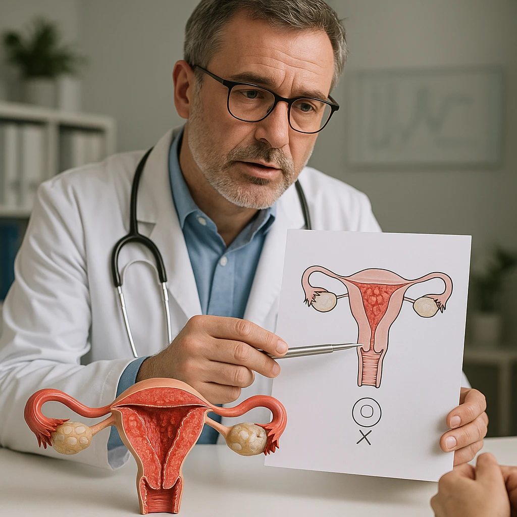 realistic image of uterus with inflamed endometrium and ovarian cysts, doctor explaining with diagram why embryo cannot implant, professional atmosphere, medical details emoji