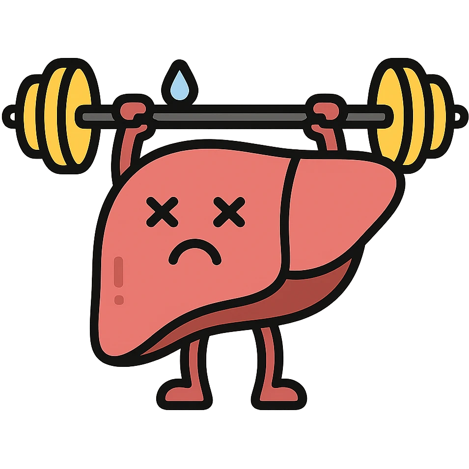 cartoon liver character carrying heavy weights, tired face, healthcare icon, soft red and brown tones emoji