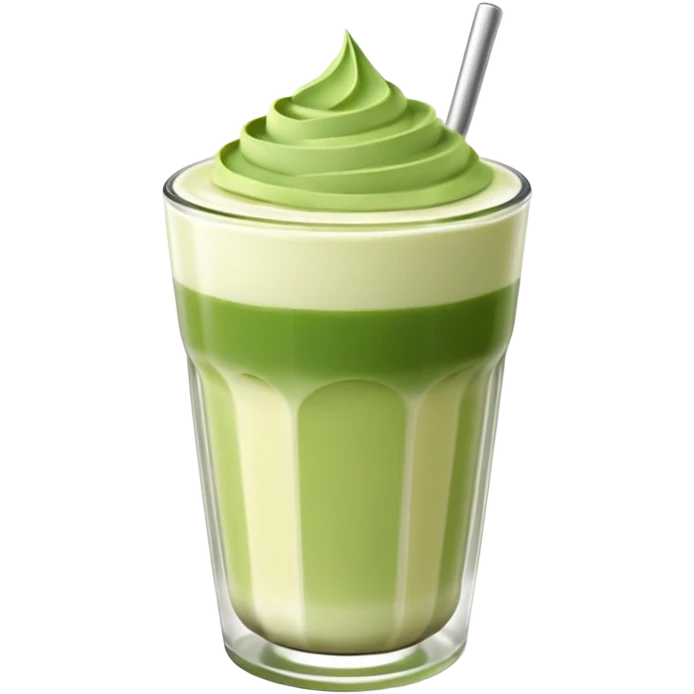 Matcha latte glossy 3D en vaso de vidrio minimalista, realista, estilo sticker, sin cara ni rasgos humanos, capas matcha y leche suaves, espuma ligera arriba, reflejos sutiles, fondo transparente. emoji