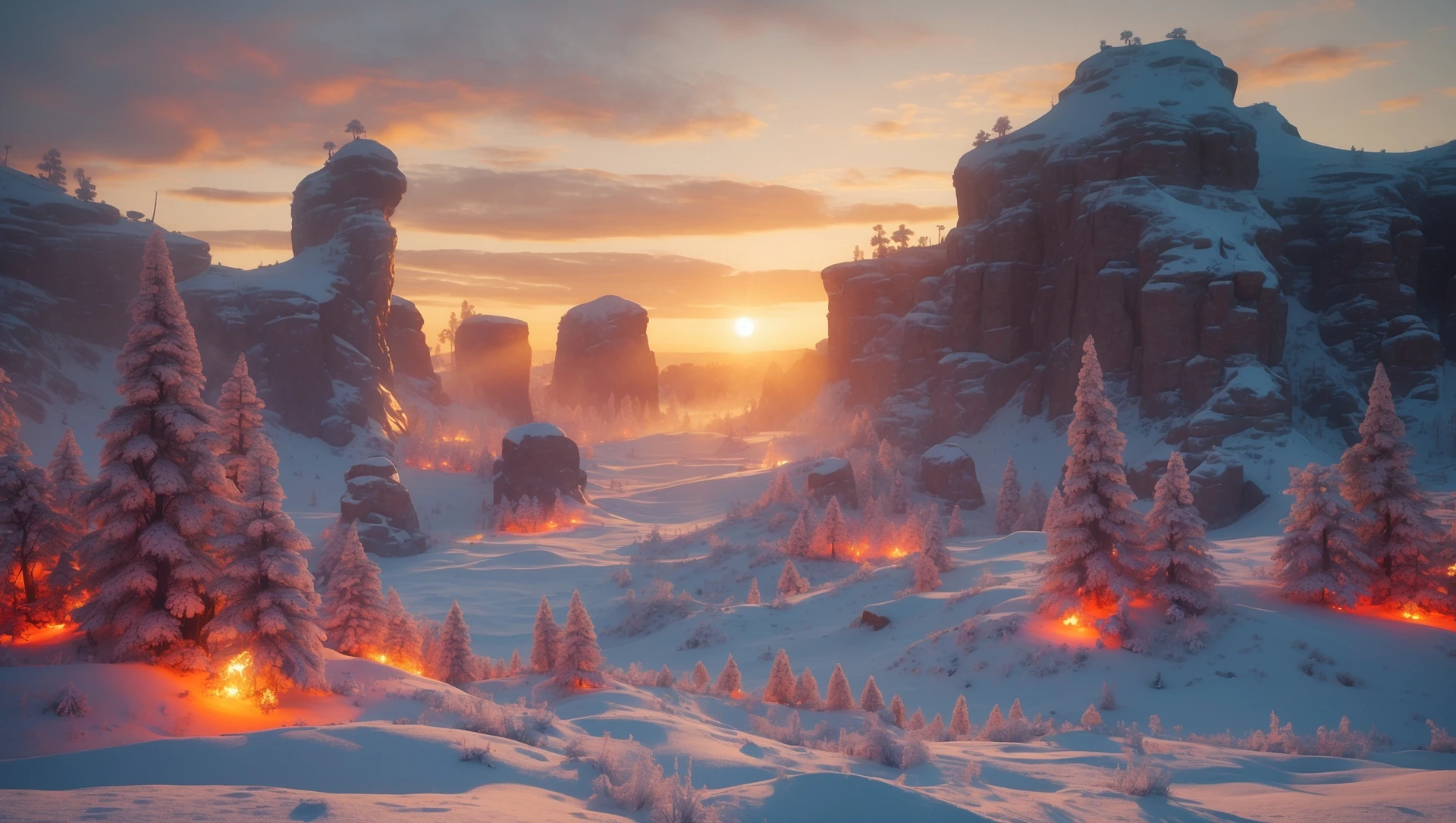 Cinematic, documentary photography, establishing shot, Warhammer 40.000 new title, in the style of snow scenes, ARRIFLEX 35 BL Camera, Canon K35 Prime Lenses, ethereal landscape, 70mm, dedication, Sunset, warm and vibrant colors, dedication emoji