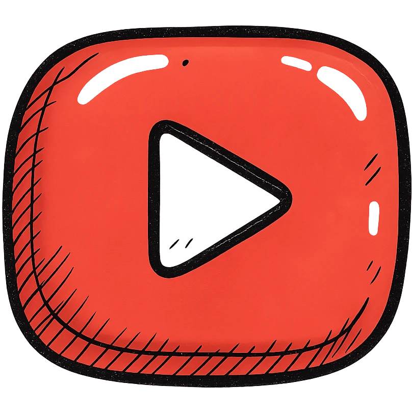 chubby playful YouTube play button in red, soft inflated rounded form, bold black outline, strong shadows, shiny highlights, no background, juicy inflated cartoon style emoji