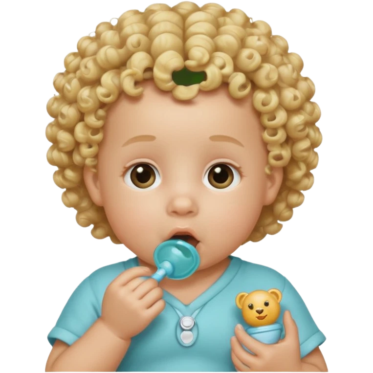 Blonde curly-haired baby, pacifier in mouth emoji
