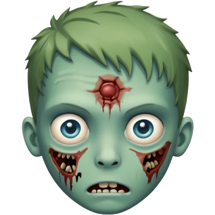 boy zombie, greenish skin, put a wound on the left cheek of the photo, without expressions only with wide eyes and light blue eyes emoji