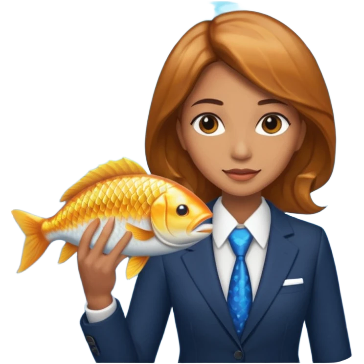 Woman in a suit holding a fish emoji