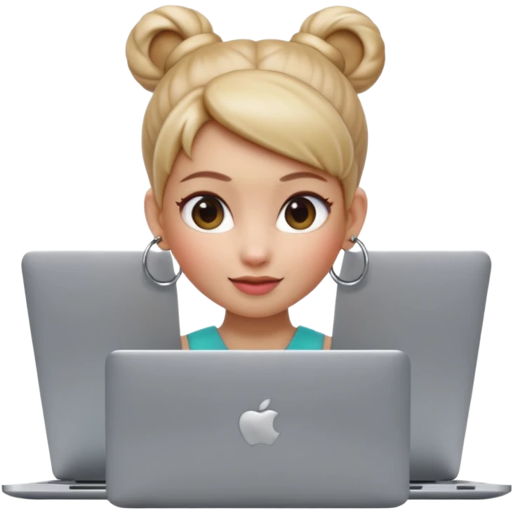 3D Apple Memoji–style emoji, female character with high bun and hoop earrings, peeking over a silver laptop, soft lighting, smooth plastic texture, transparent PNG, 4K. emoji