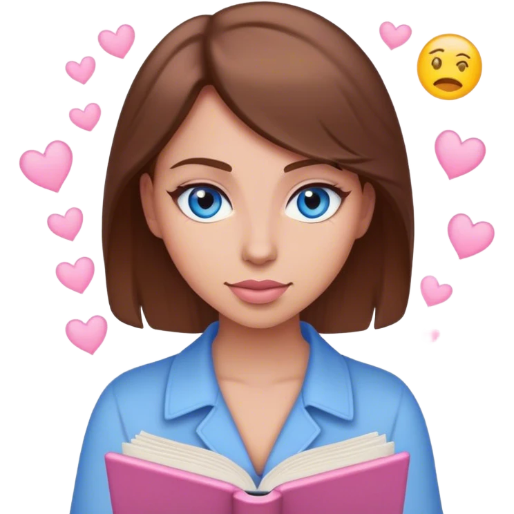 female writer with emoji face, brown hair and blue eyes writing a light pink romance novel emoji