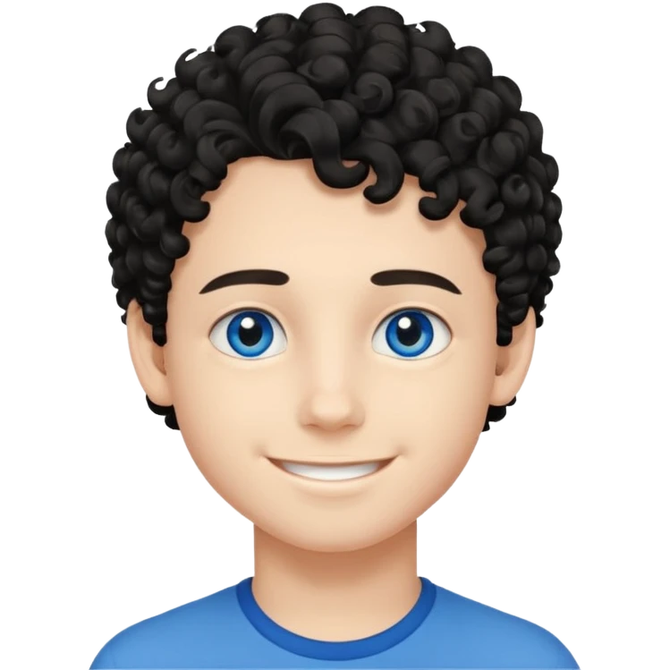 boy, young face like 18 years, blue eyes, medium curly hair black, easy smile emoji