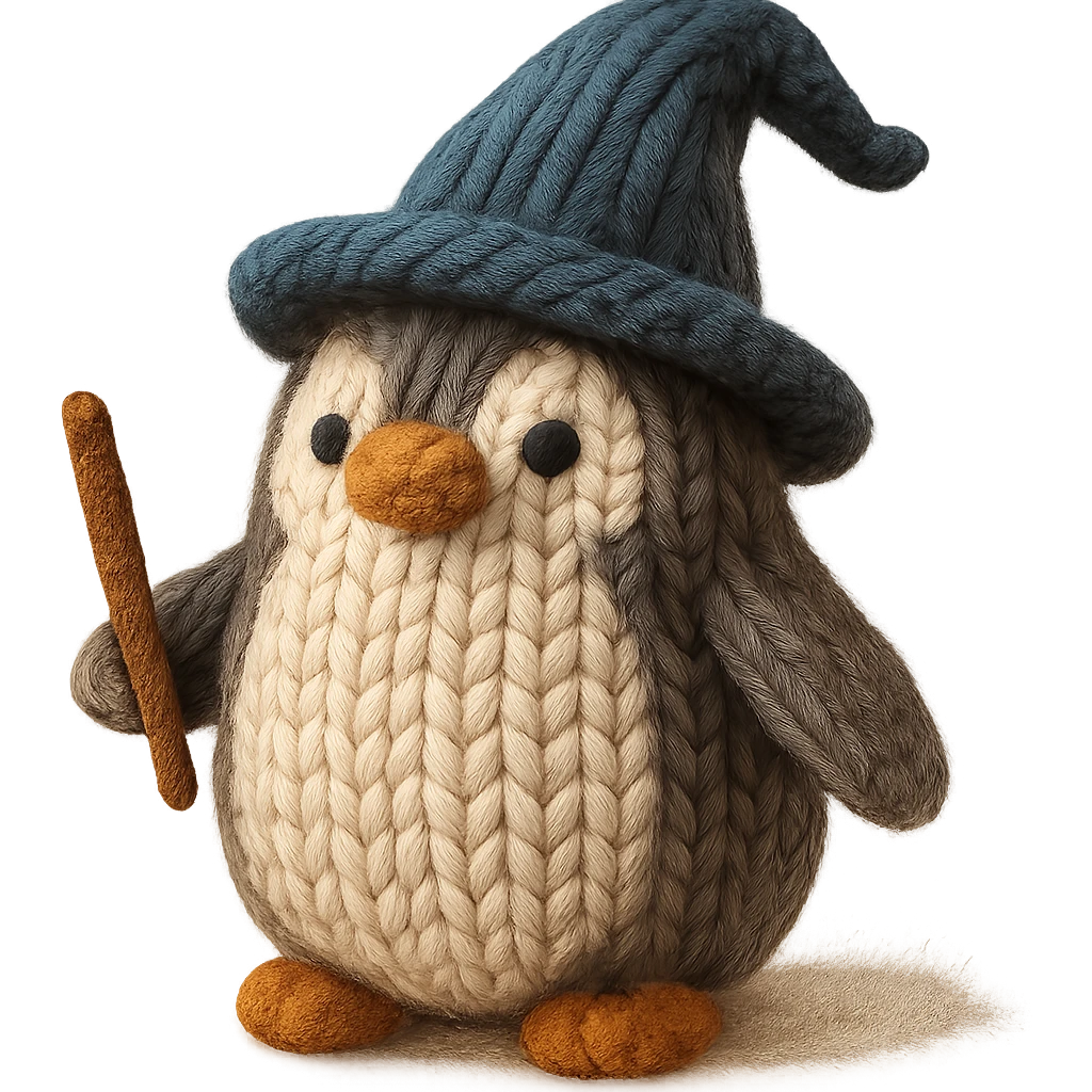 {
  "style_description": {
    "overall_look": "Hand-knitted, cozy and tactile aesthetic resembling wool or yarn craft",
    "material_simulation": {
      "primary_material": "wool yarn",
      "texture_detail": "clearly defined knit stitches with soft loops and fiber fuzziness",
      "pattern": "stockinette knit texture with natural irregularities"
    },
    "geometry": {
      "edge_style": "rounded edges with slight imperfection, simulating hand-crafted softness",
      "dimensionality": "three-dimensional appearance with realistic layering of yarn strands"
    },
    "lighting": {
      "type": "soft, diffused lighting",
      "purpose": "highlight the depth and texture of the knit material without harsh shadows"
    },
    "render_constraints": {
      "avoid": ["flat design", "synthetic appearance", "glossy finishes"],
      "focus_on": ["fiber texture", "tactile quality", "handmade look"]
    },
    "background": {
      "color": "cream white",
      "style": "plain and neutral",
      "lighting_consistency": "matches soft diffused lighting of subject to maintain cohesive appearance"
    },
    "theme": "warm, crafted, comforting"
  }
}

{subject} = penguin wizard emoji