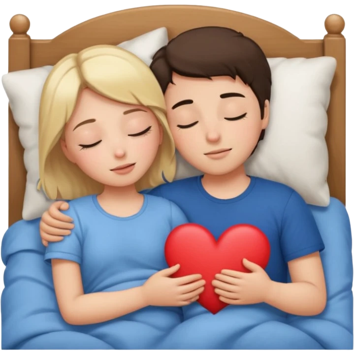 cuddling in bed, asleep. blonde girl. brunette boy. eyes closed. heart between them. emoji