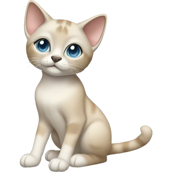 Thai breed adult cat with a light cream-brown body, dark gray nose and face, ears, and paws. sharp ears, and striking light blue eyes  emoji