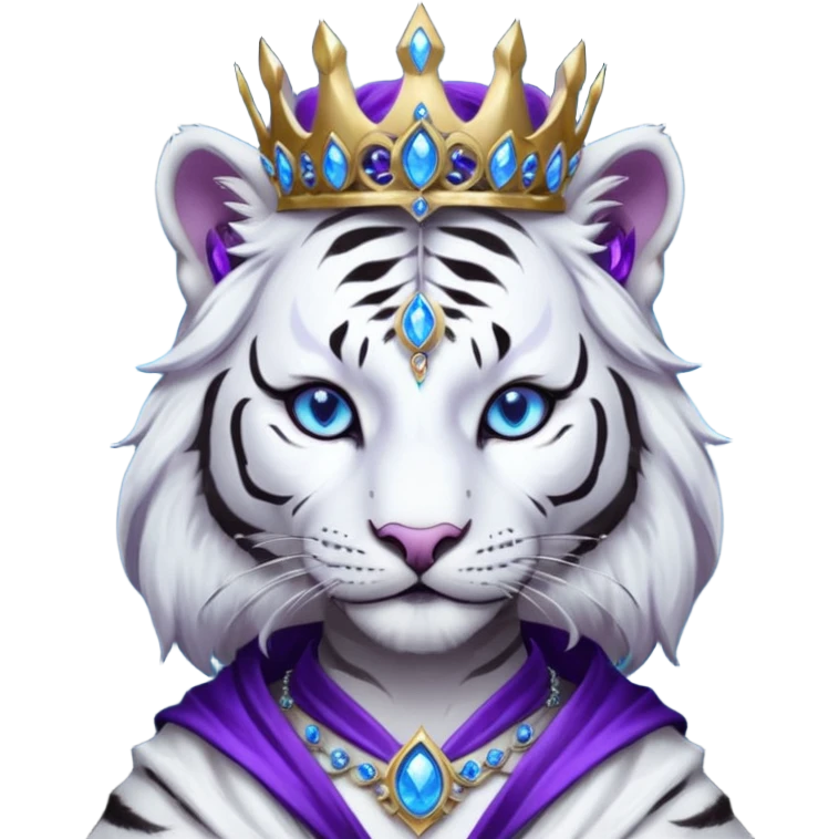 ESO Female white/black tiger khajiit leader of the umbral rose, glowing blue eyes, glowing blue 'third eye' gem; silver crown/tiara with purple gems  emoji