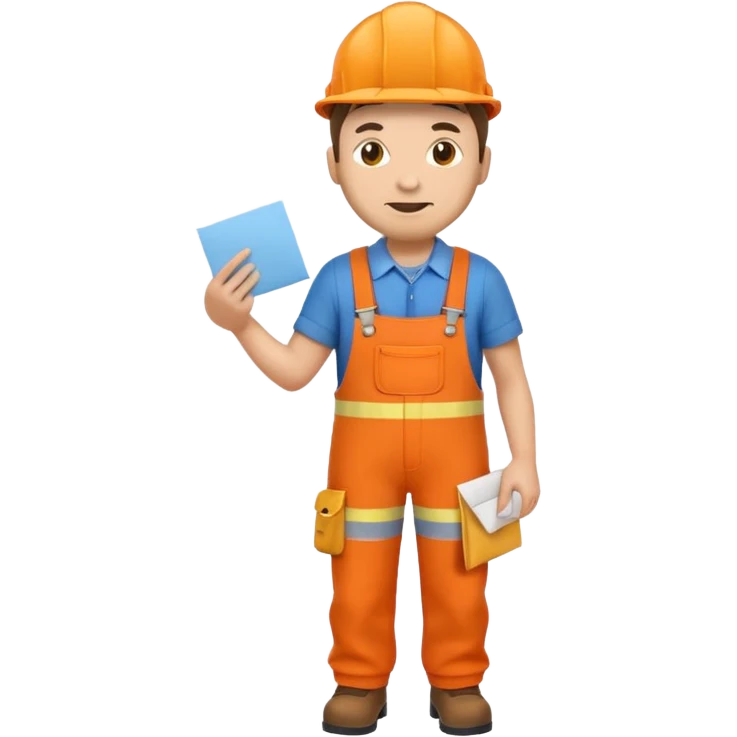 emoji style railway engineer full body in orange overalls, carrying one piece of paper in front of him emoji