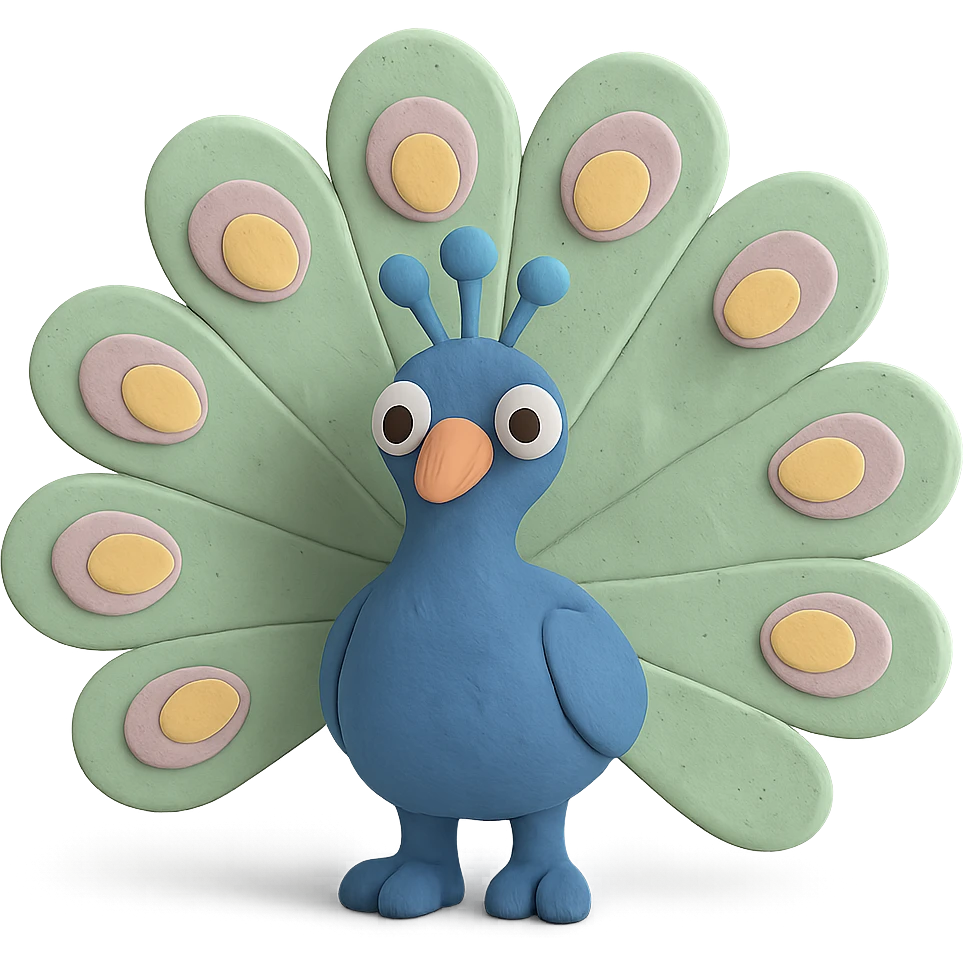 peacock with fanned colorful feathers, visible fingerprints, pastel colors, claymation style emoji