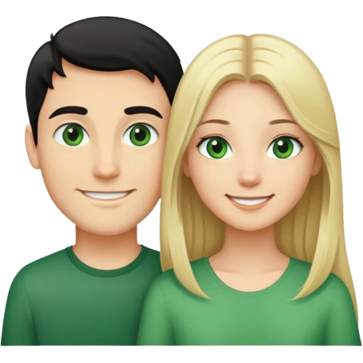 Smiling couple of blonde girl with long hair green eyes and boy with short black hair and green eyes emoji