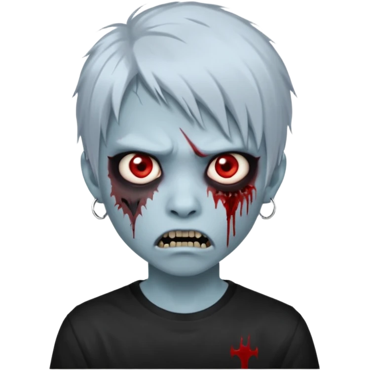  3D emoji-style avatar with very pale blue-grey zombie skin , a young Asian face, and large eyes with blood tears. Give it white litle bit messy mullet hair style , silver hoop earrings, and a plain black T-shirt. The face expression should be slightly angry, with vampire fang emoji