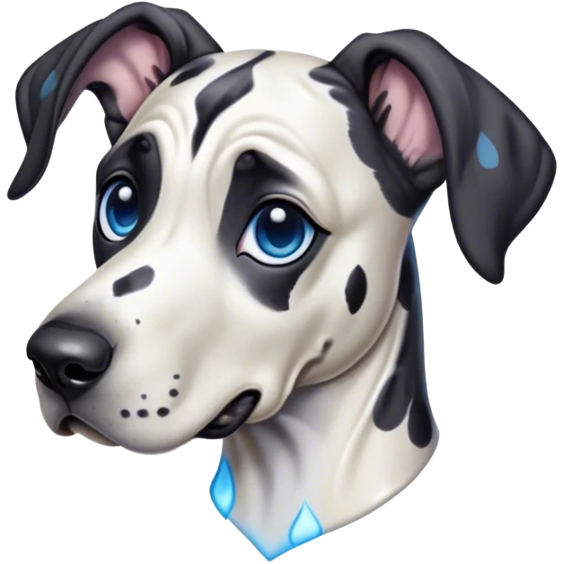 Cinematic Cute Harlequin Great Dane Portrait Emoji, Head tilted playfully and inquisitively, featuring a glossy coat of predominantly white with dynamic black patches, round, sparkling blue eyes filled with gentle curiosity, Simplified yet irresistibly adorable features, highly detailed, glowing with a warm, friendly glow, high shine, affectionate and gentle, stylized with a touch of whimsy, bright and endearing, soft glowing outline, capturing the essence of a mischievous yet loving pup, so playful it feels like it could lumber out of the screen and into your arms! emoji