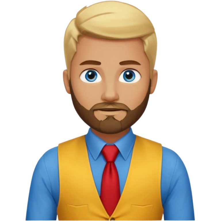 A blond brown man , blue eyes, beard brown wearing a black dress shirt, red tights, and a yellow tie. A red vest over the black shirt. emoji