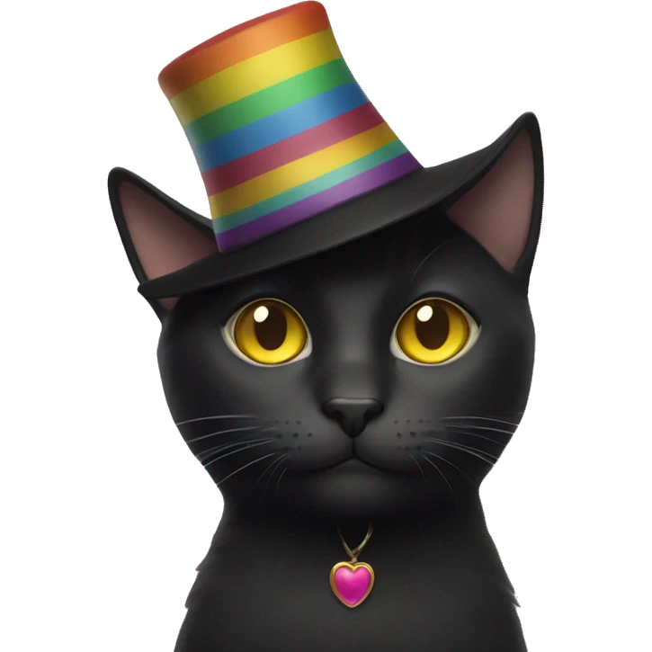 Black cat with yellow eyes and a rainbow hat on top emoji