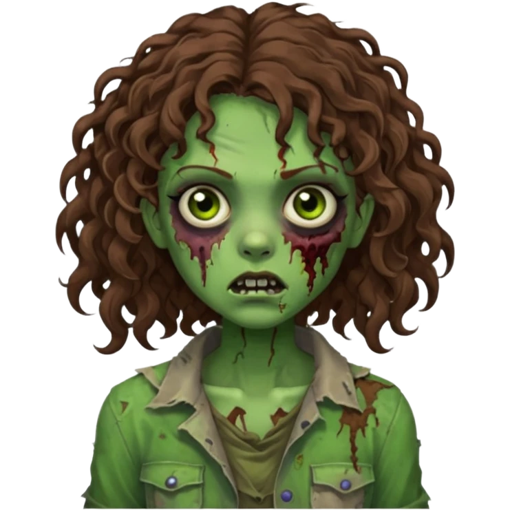 Faça uma garota zombie de cabelo cacheado castanho, olhos castanhos escuro e pele verde d zombie, com o cabelo abaixo do ombro emoji