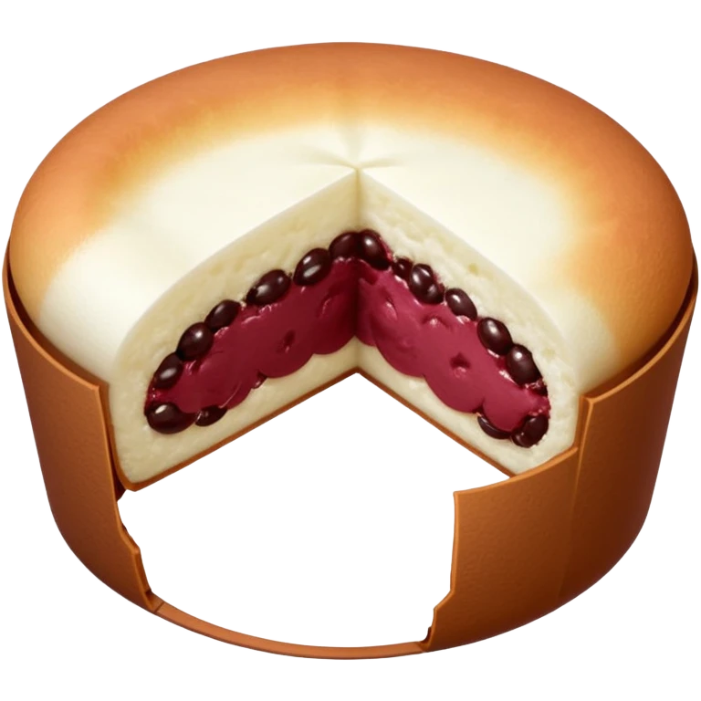A soft round mochi cut in half, showing the filling inside (red bean paste or pink/white filling), outer layer is white and slightly stretchy-looking, smooth and pillowy texture, simple flat design style, centered on transparent background.
 emoji