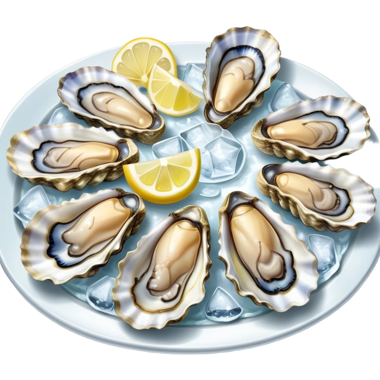 Cinematic fresh oysters on the half-shell, glistening with seawater, served with lemon wedges and ice, soft glowing highlights, elegant and luxurious. emoji