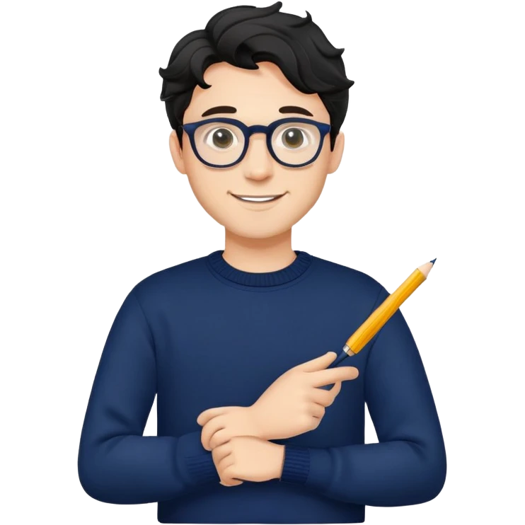 Young caucasian man with black wavy hair, round glasses, navy blue sweater, confident trustworthy smile, professional designer with pen emoji