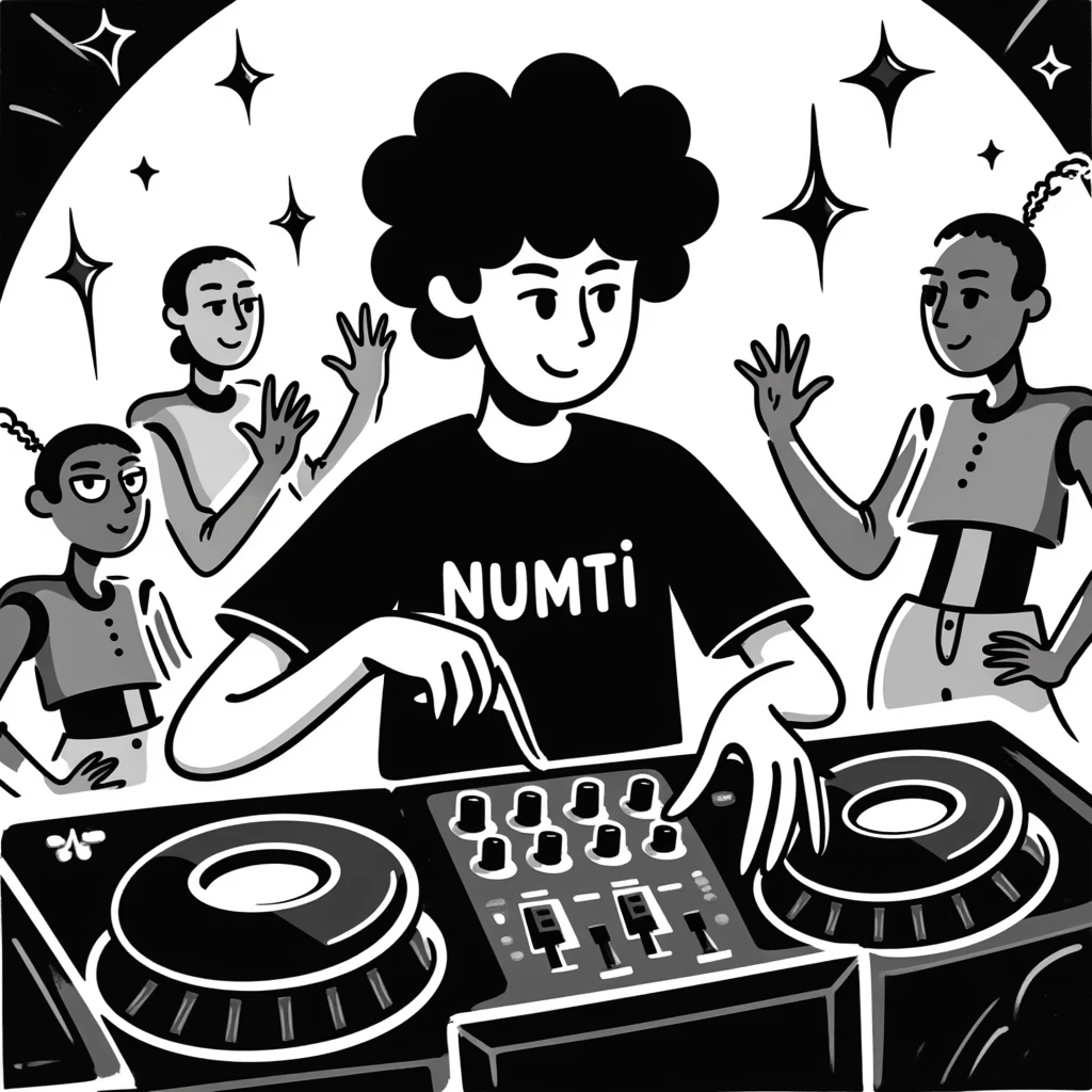 humanoid robot DJ at a neon-lit party, wearing a black t-shirt with glowing 'NUMTI' text, DJ booth featuring LED waveforms, lasers, and smoke, dancing robots and holographic displays in the background, energetic and futuristic scene emphasizing creativity emoji