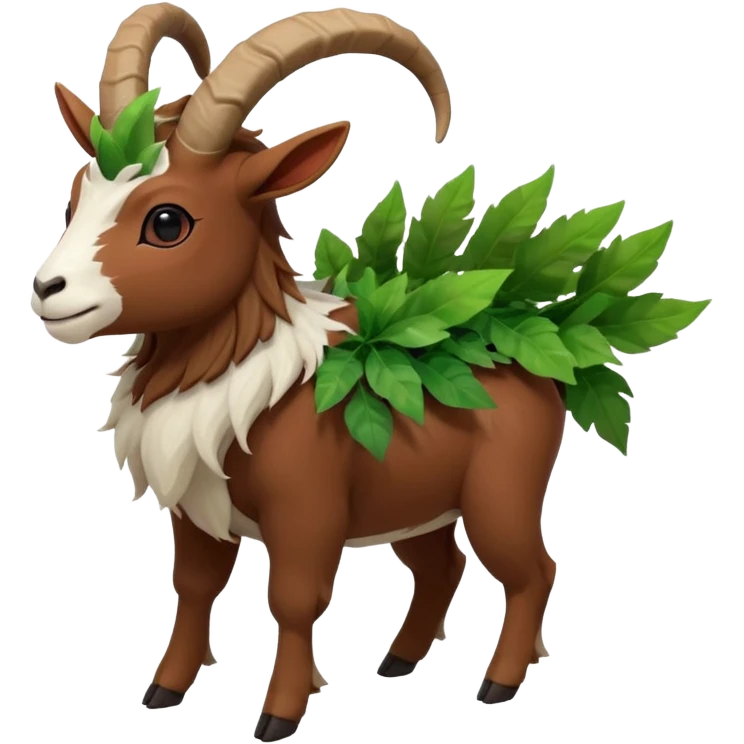 A kid riding on gogoat the quadrupedal, goat-like Pokémon with a brown, furry body and a leafy, green mane that extends down its back. It has large, black, curved horns, white fur on its face, a black nose, and red eyes. Its legs are shorter and lighter in color around the feet, back emoji