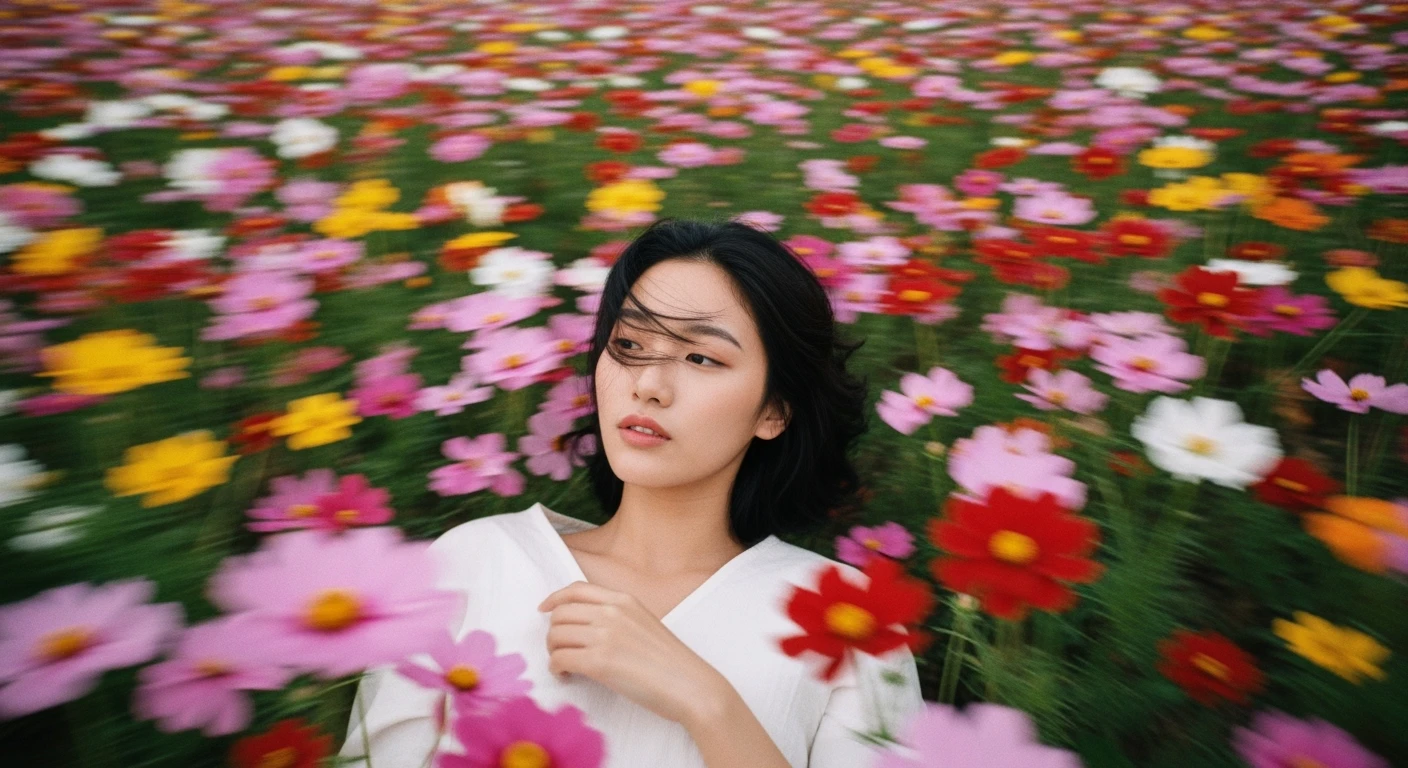 Camera drom top, Motion blur Extreme Closeup photo of a beautifull woman lay around beautifull colorfull flowers, cinematic light, 60/30/10 color rule, 8K, very detailed, sharp, depth (foreground, midground, background) emoji