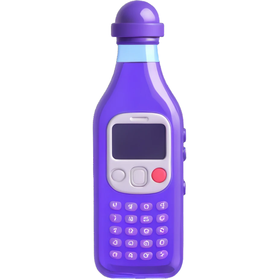 Create a very realistic 3D transparent bottle with a cap, shaped like a phone. Inside the bottle is a violet elixir. The bottle's shape resembles a Nokia 3310 phone, with clearly visible phone buttons on the front. No text included. emoji