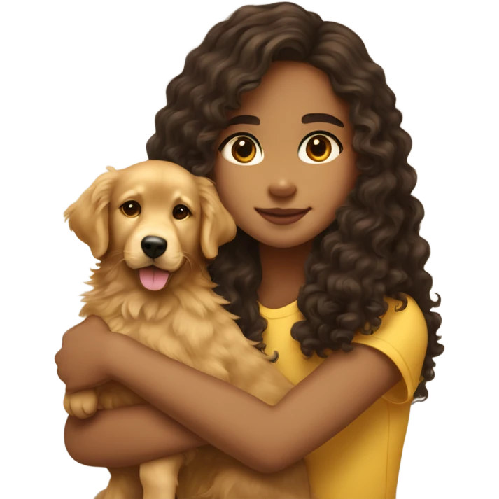 Tan skinned teenage girl with dark brown long curly hair hugging a golden retriever puppy emoji