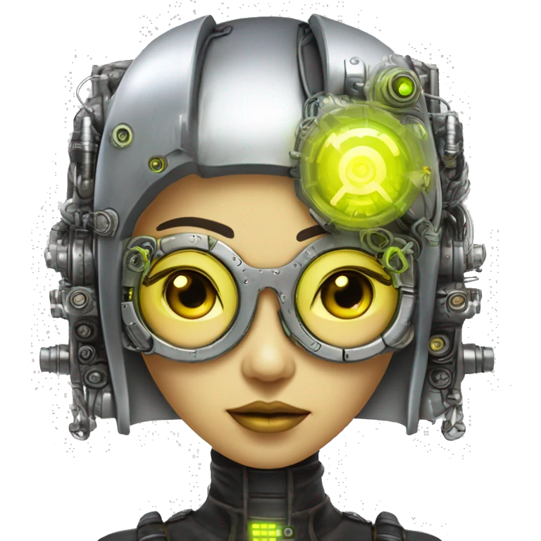 Neon yellow bobbed hair Asian female cyborg head with silver steampunk goggles and circuits emoji