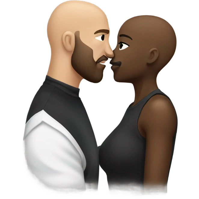 Curvy White brunette kissing muscular black bald man with beard emoji