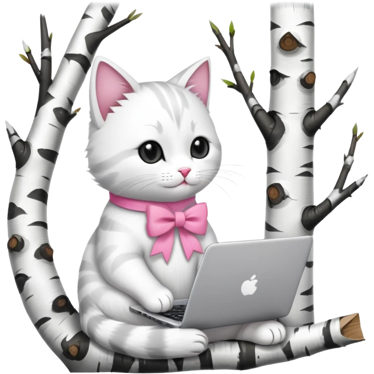 A  cat with a laptop, he has a small pink bow on his head. the cat is sitting on a birch tree emoji