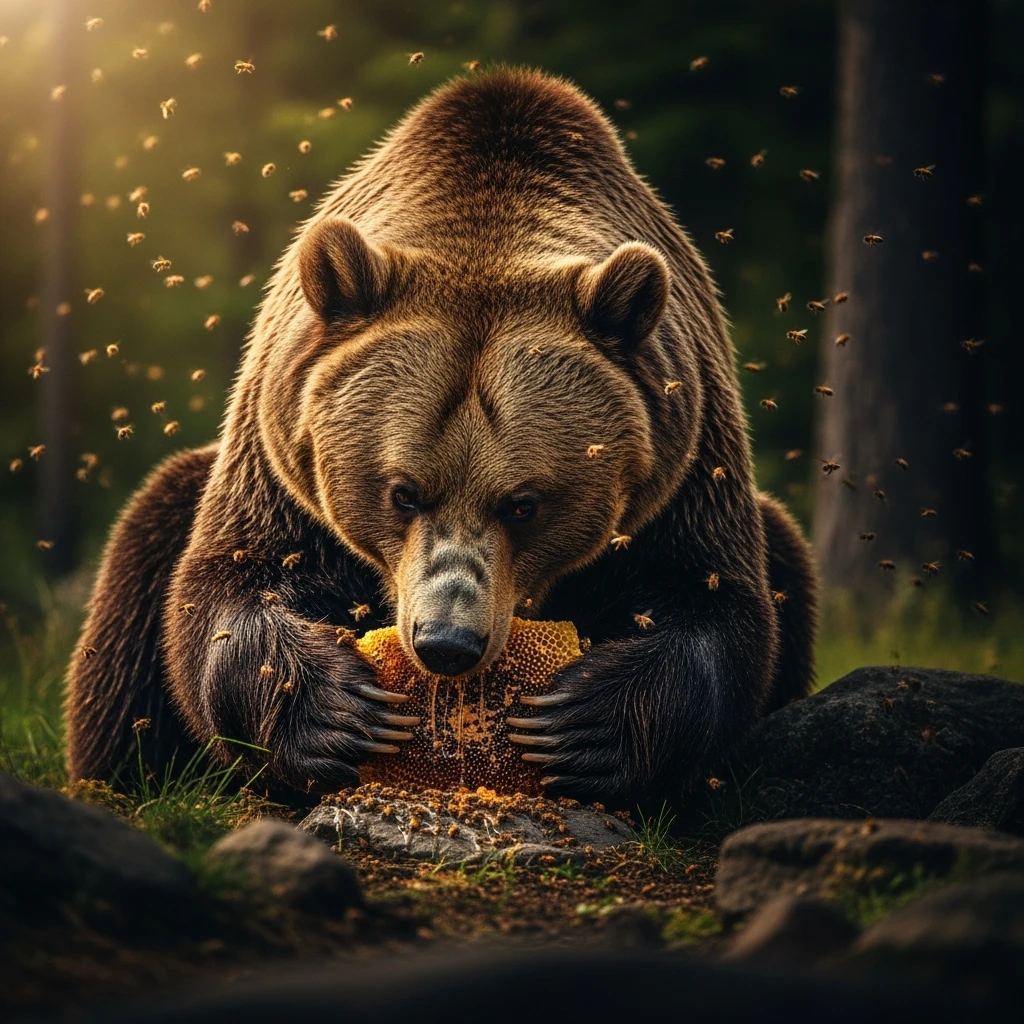 bear eating honeycomb with bees flying around emoji