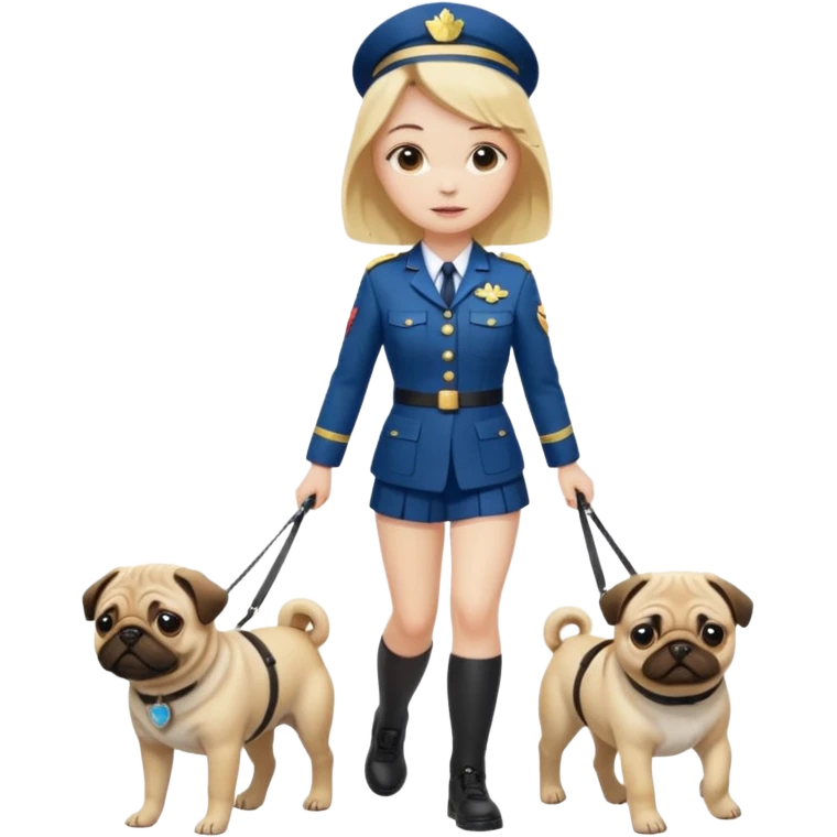 haz una chica rubia en uniforme paseando a su perro pug emoji