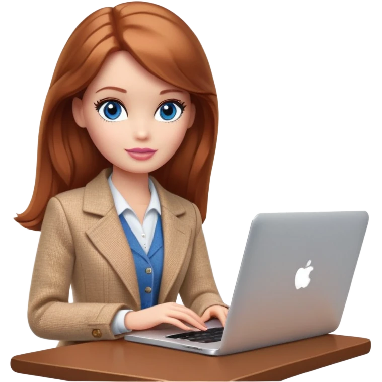 A Barbie girl with blue eyes, shoulder-length reddish-brown hair, made-up, wearing a beige tweed jacket and a beige skirt, is sitting with a MacBook emoji