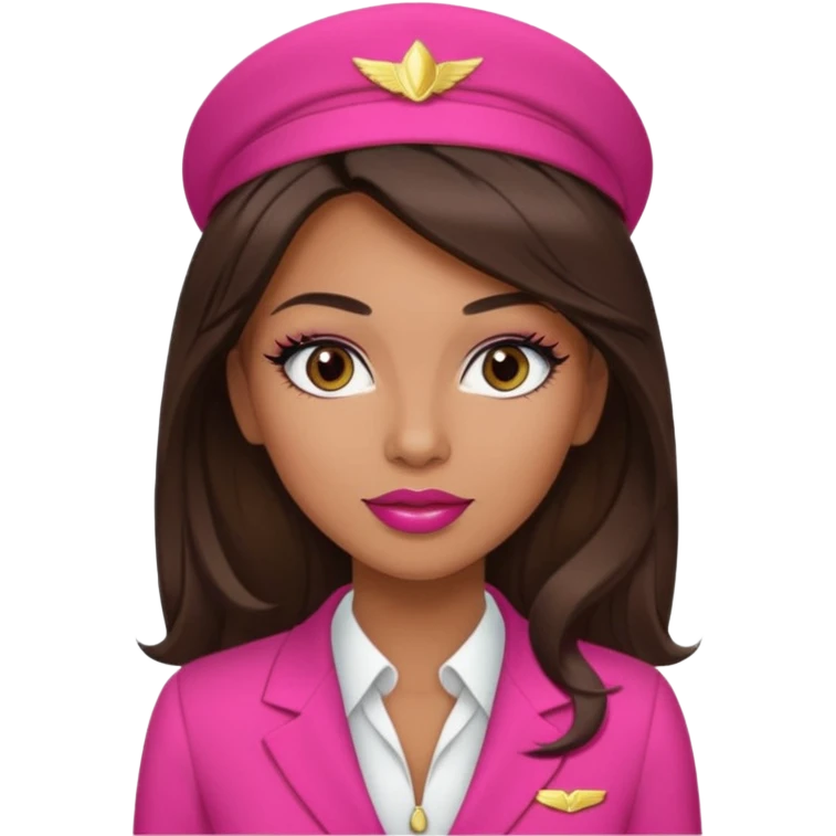 Flight attendant with pink outfit tan skin long dark brown hair with blonde highlights pretty makeup long lashes red lipstick  emoji