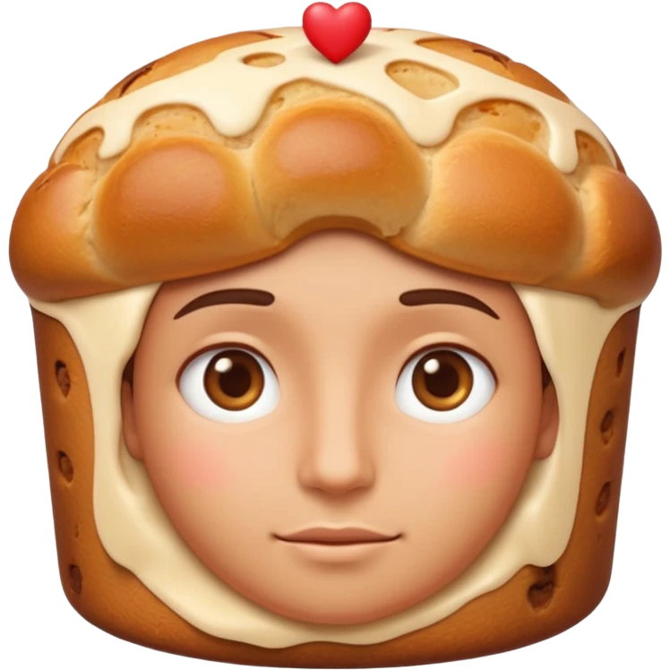 Apple-style emoji illustration of a person with dreamy eyes thinking of a traditional panettone, small hearts floating around, soft 3D emoji style, smooth gradients, rounded shapes, warm festive colors, simple expression, centered composition, transparent background, no text. emoji