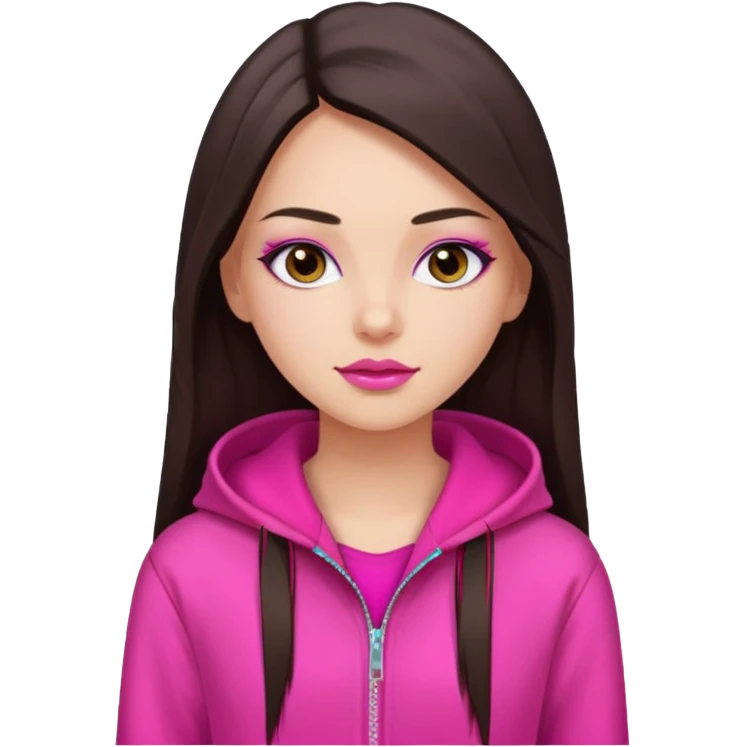 generate a pretty fair bratz girl with dark brown eyes, dark brown hair straight long. Wearing a hot pink zipper hoodie, pink lipgloss emoji