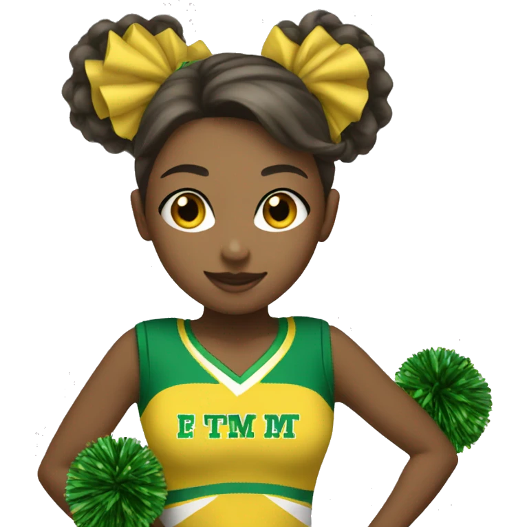 Cheerleader in greens and yellow uniform with pom poms emoji