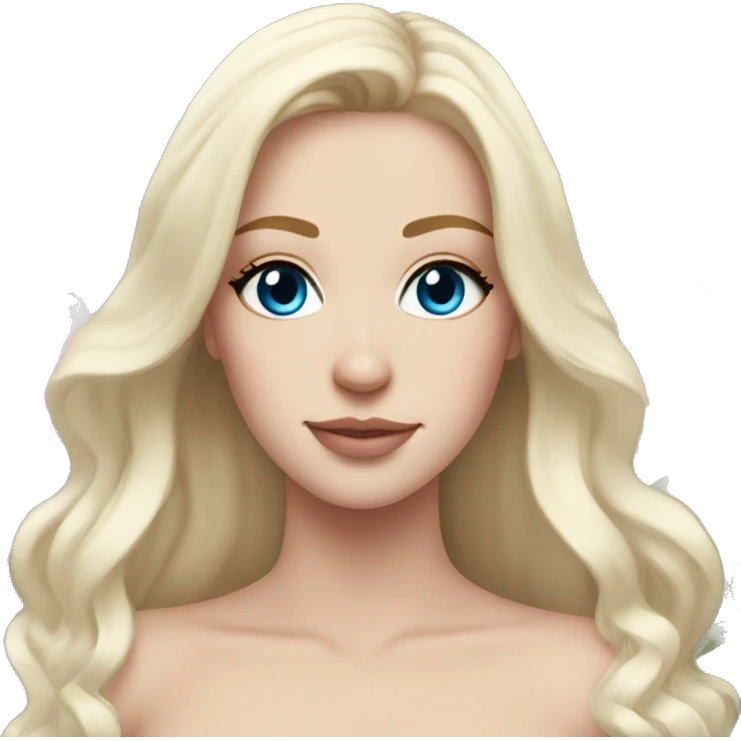 White bride with long light blonde hair and blue eyes with light pink peonies in hair white skin  emoji