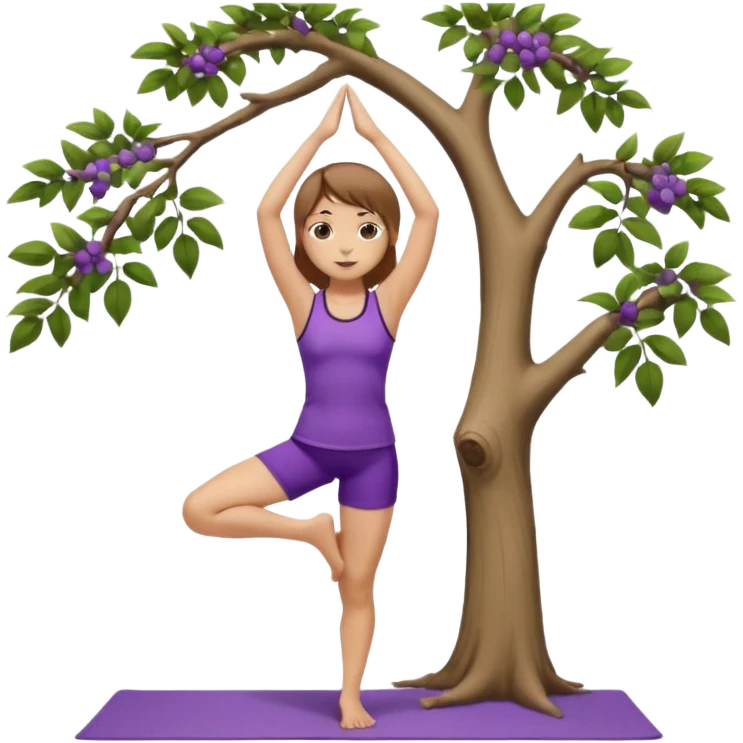 Девушка с короткими волосами до плеч русого цвета, пробор по посередине головы есть чёлка, с черными бровями, карие глаза, у неё фиолетовый спортивный костюм с майкой и шортами, она занимается йогой в позе дерева emoji