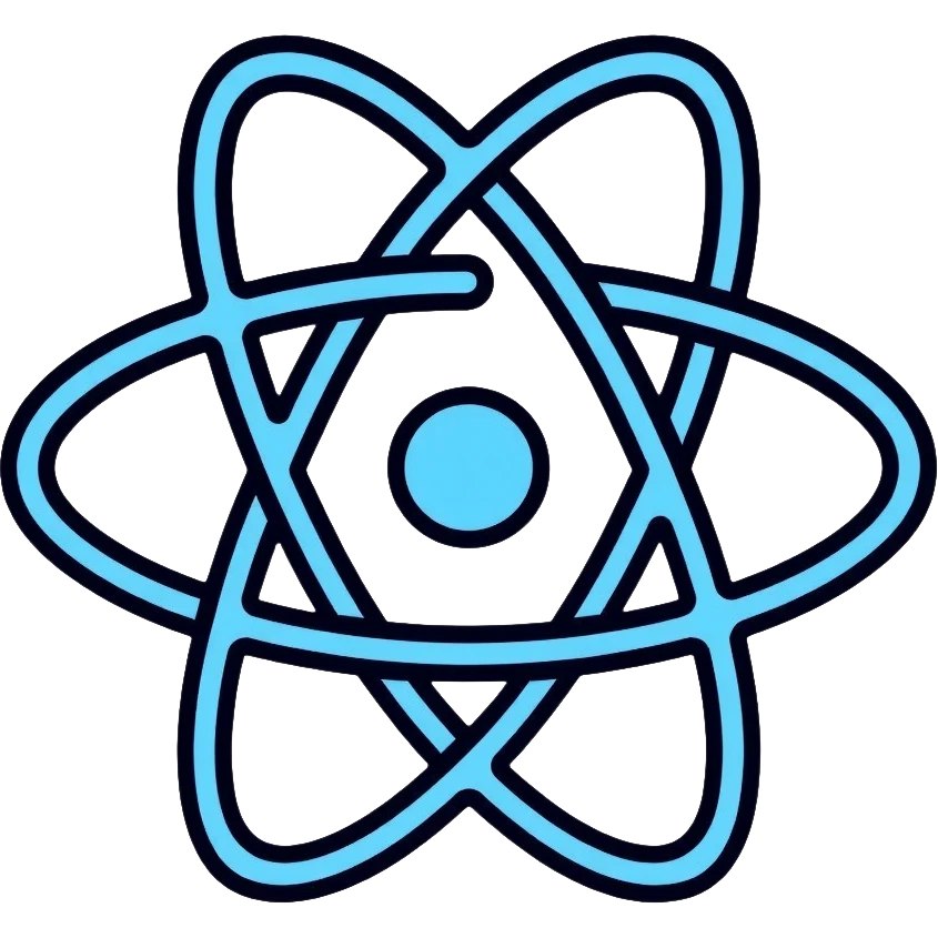 React JS logo, atom symbol with three elliptical orbits and a nucleus in the center emoji