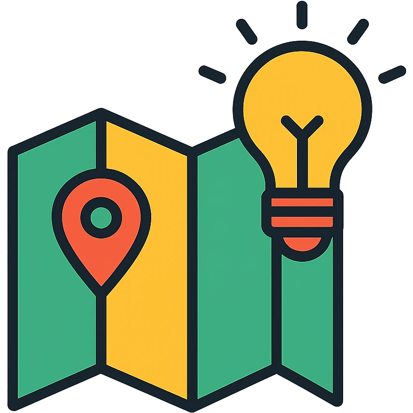 icon for local knowledge, featuring a map and lightbulb, modern style, colorful emoji