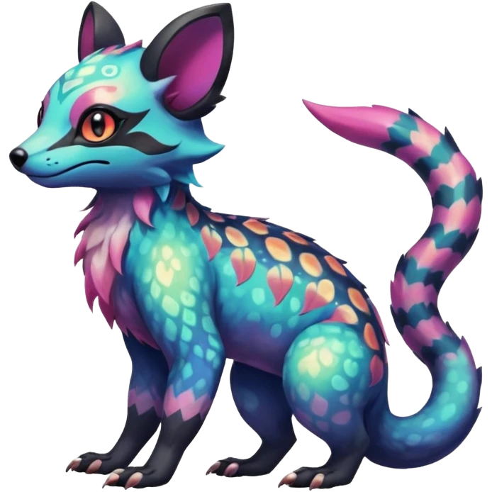 Rare iridescent white exotic epic aesthetic colorful Salandit-Eevee-Civet-species-Fakemon-hybrid-creature, with intricate tattoo markings, full body emoji